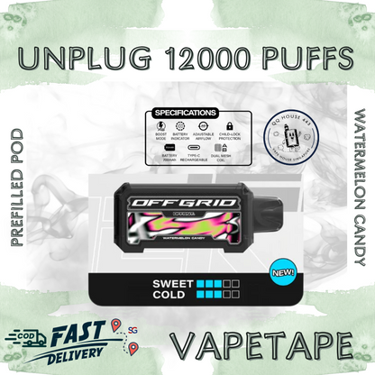 Vapetape Unplug/Offgrid 12000 Puffs disposable vape - Watermelon Candy